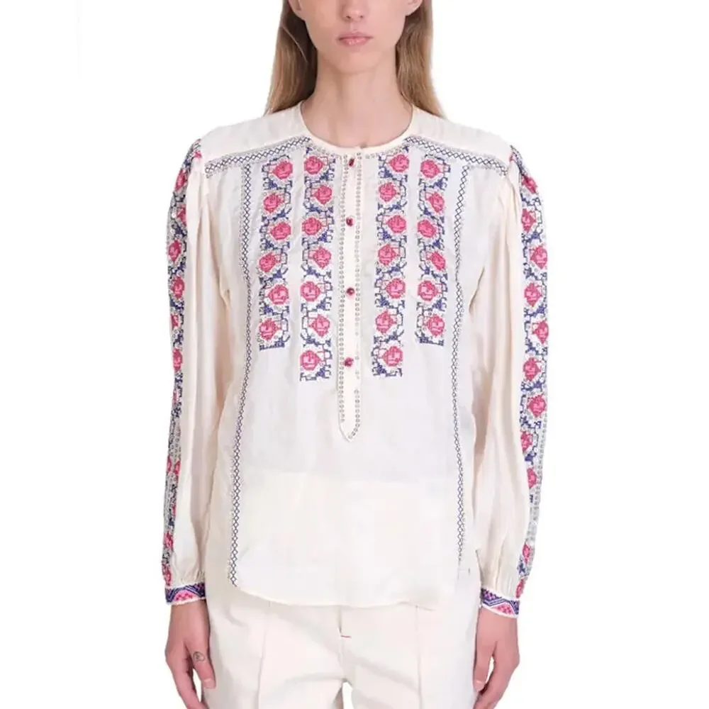 Isabel Marant Ciskalia Folk Embroidered Silk Blouse Size FR 34